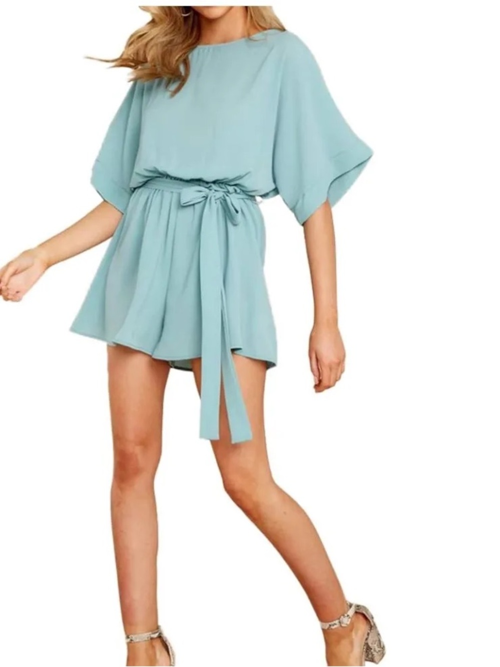 Light Blue Seafoam Green Tie-Waist Romper Dolman Sleeves Size Small NWT